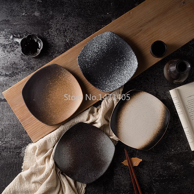 Изображение товара: Ретро-японская креативная тарелка четыре угла неглубокая тарелка домашняя Персонализированная обеденная тарелка керамическая тарелка холодная тарелка для овощей