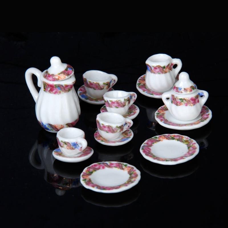 Изображение товара: Миниатюрный фарфоровый чайный сервиз для кукольного домика, 15 предметов, блюдо, чашка, тарелка, красочный цветочный принт
