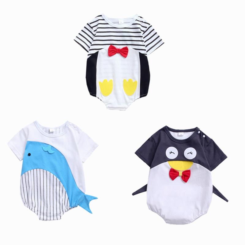 Изображение товара: Летняя одежда для маленьких мальчиков и девочек, комбинезон с коротким рукавом в виде животных, дизайнерский цельнокроеный комбинезон в виде пингвина, детской модели, комбинезон для первых шагов