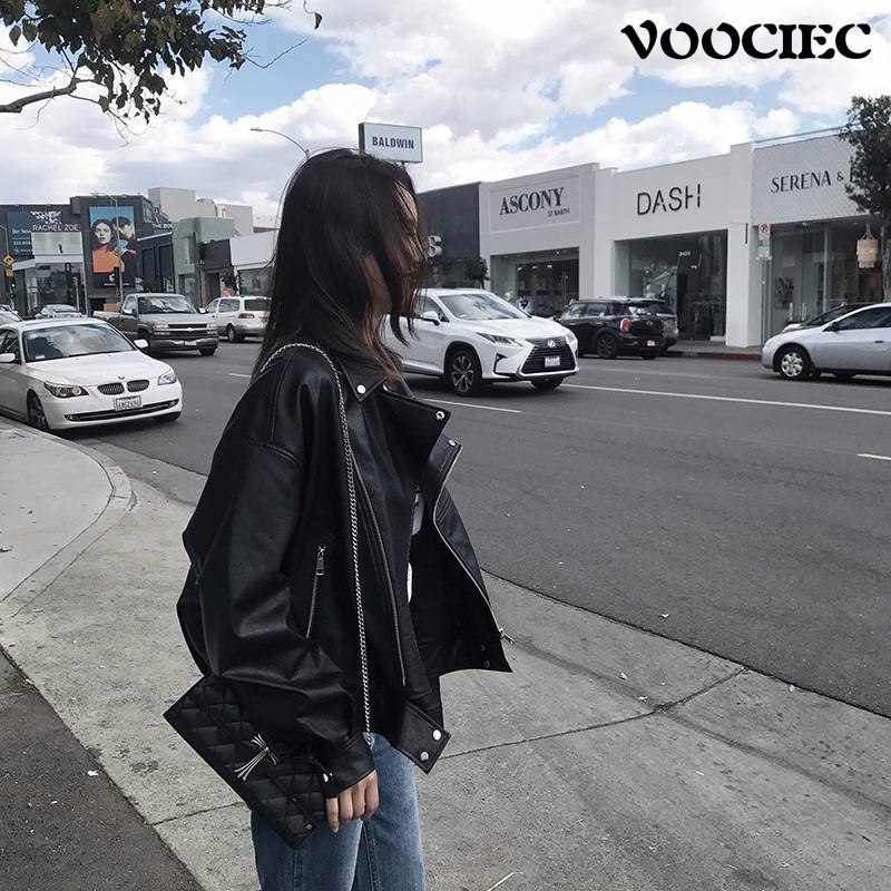Изображение товара: Женское кожаное пальто VOOCOEC, уличная куртка свободного кроя в стиле Харадзюку на весну и осень, универсальный кожаный топ на молнии