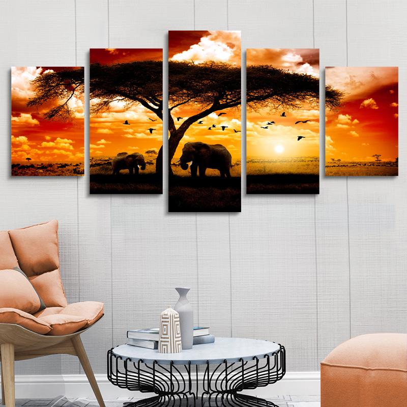 Изображение товара: Природный Африканский Закат пейзаж плакаты и принты Холст Картина Африканский гирифф и слон плакат животные Настенная картина