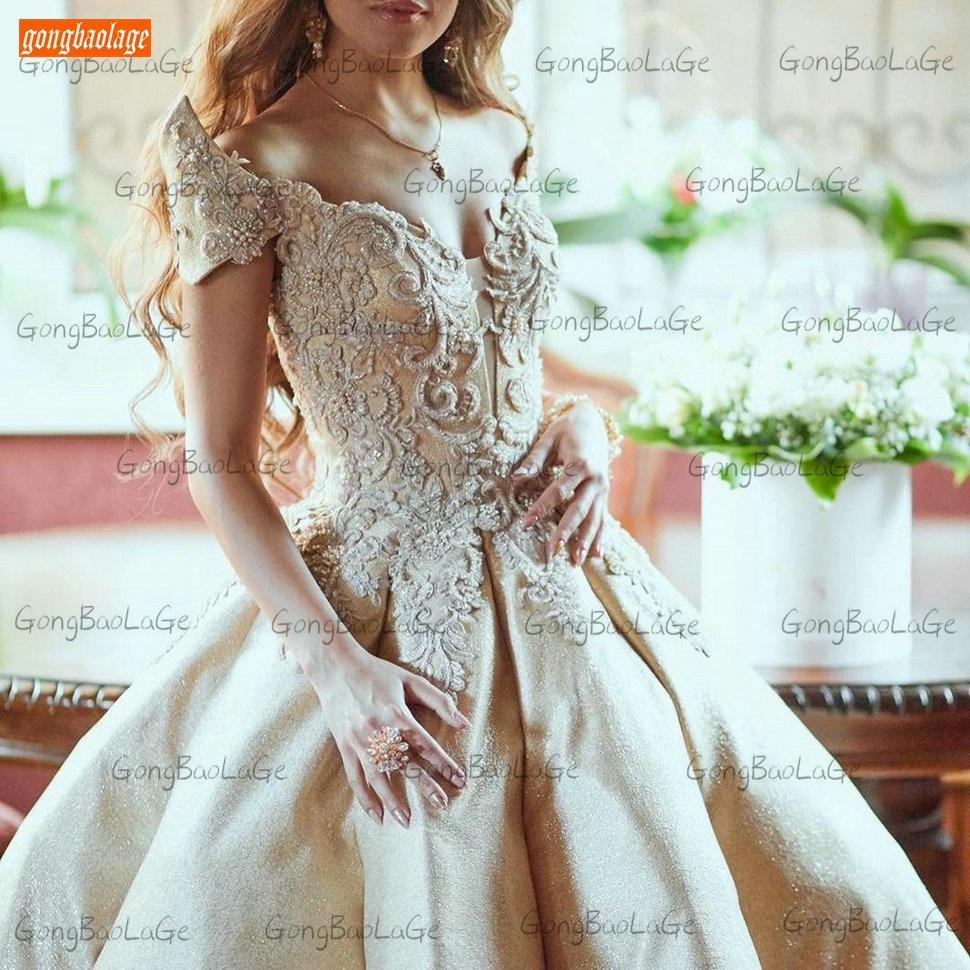 Изображение товара: Женское атласное свадебное платье, длинное платье цвета шампанского, со шнуровкой и бисером, бальное платье невесты, 2020