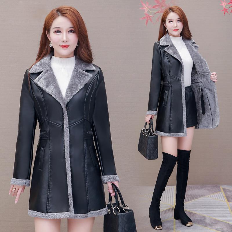 Изображение товара: Женское пальто из искусственной кожи, длинное теплое пальто из искусственной кожи, верхняя одежда из искусственной кожи на осень и зиму, 2020, размера плюс