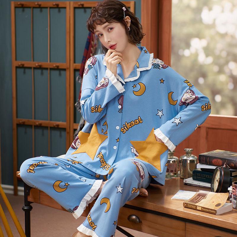 Изображение товара: Пижамный комплект Женский оверсайз 3XL, мягкая Осенняя Милая корейская модная домашняя одежда для беременных женщин, шикарная Женская пижама с длинным рукавом, одежда для сна