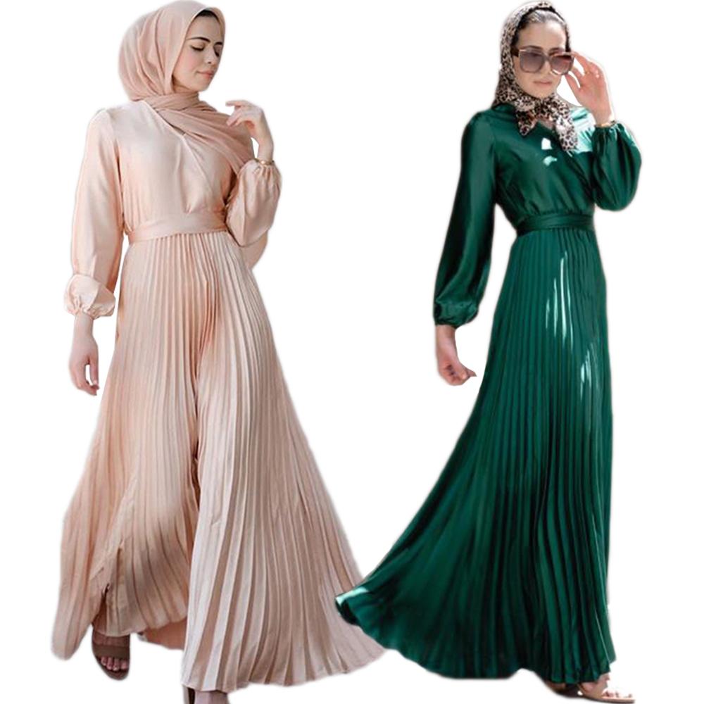 Изображение товара: Мусульманское Плиссированное длинное платье в стиле пэчворк, женское, с V-образным вырезом, абайя, Арабская, джилбаб, модный длинный рукав, Осенний кафтан, новинка Исламская одежда, Дубай