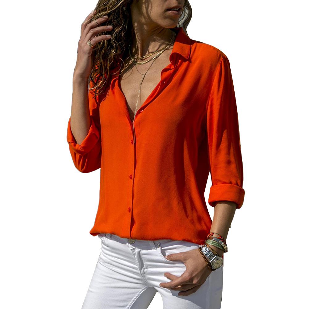 Изображение товара: Офисная Женская Осенняя рубашка с глубоким v-образным вырезом и отложным воротником, шифоновая Свободная рубашка на пуговицах, женские топы, блузки, Офисная Женская блузка, тонкая