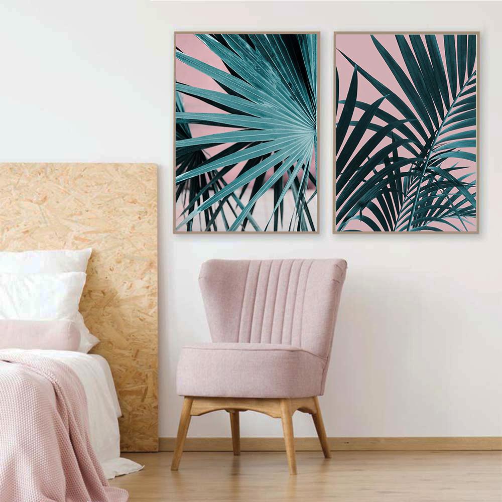 Изображение товара: Настенный постер с розовыми пальмами в скандинавском стиле, Картина на холсте с принтом листьев, декоративное изображение для гостиной, домашний декор