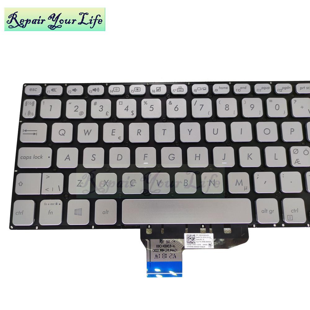 Изображение товара: Клавиатура с светильник кой для ноутбуков ASUS VivoBook S14 X430 FN K430 A430 NE норвежские клавиатуры черного и серебристого цвета 0KNB0 2608ND00 260AND00