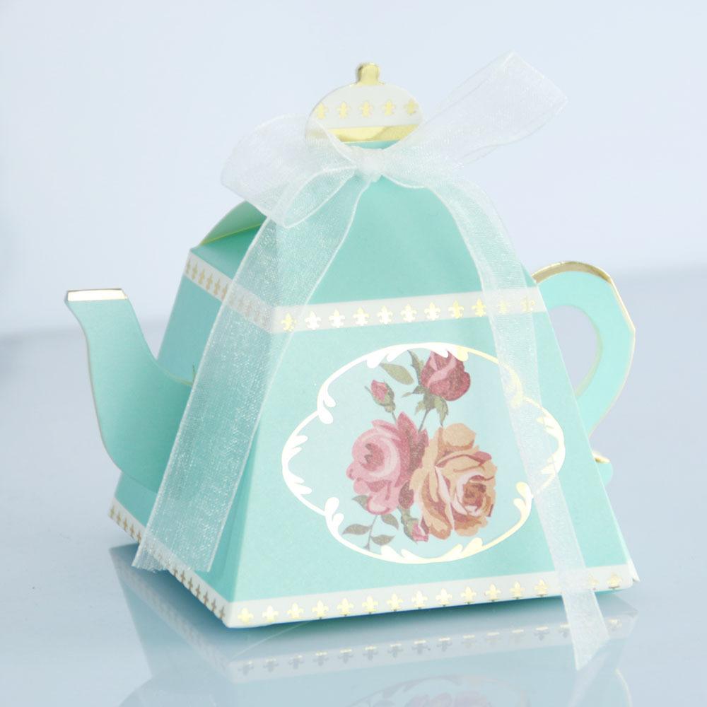 Изображение товара: 50/100 шт. Мини-чайник, чашки, свадебные коробки, Подарочная коробка конфет с лентами для свадьбы, вечерние украшения на день рождения