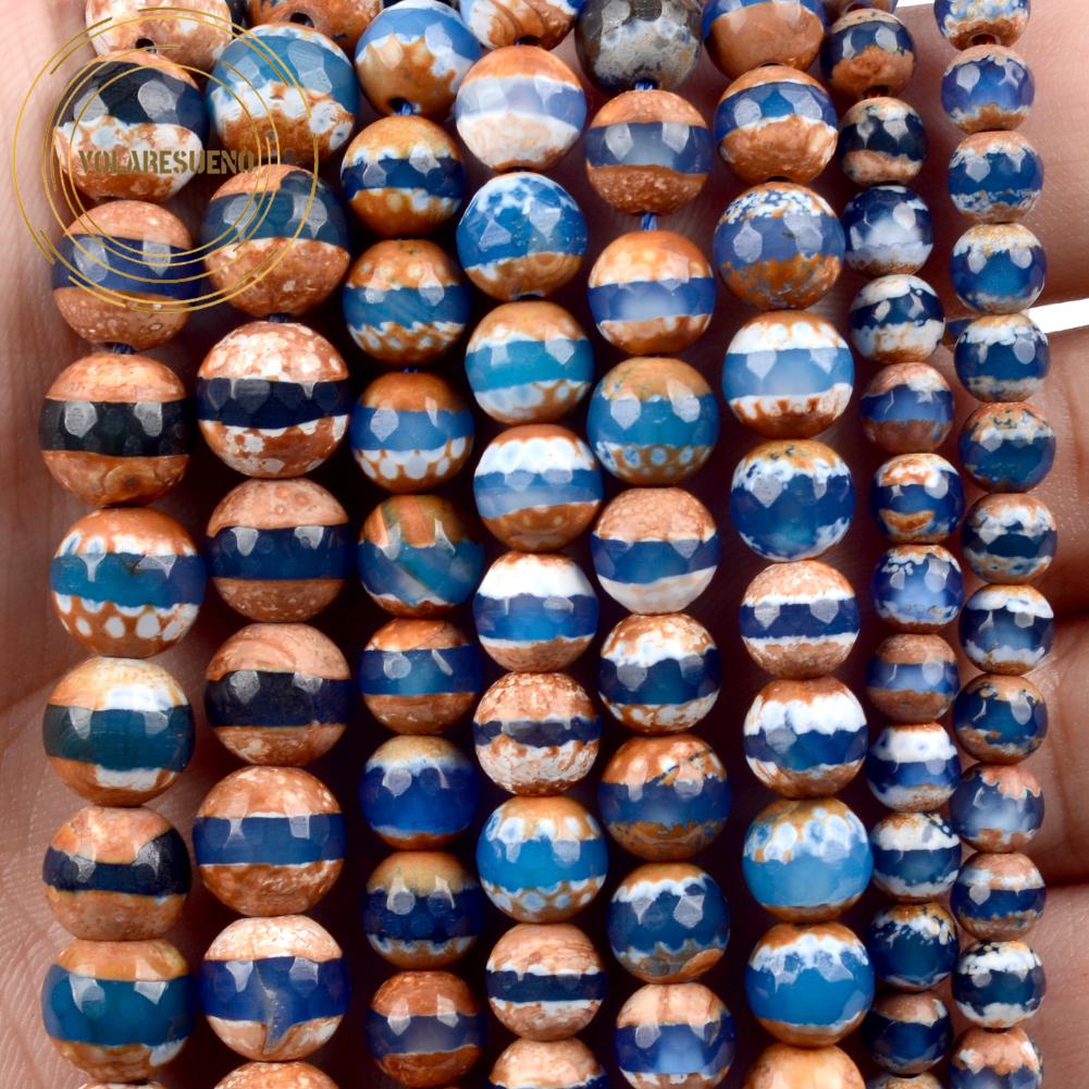 Изображение товара: Оптовая продажа натуральный синий ювелирные изделия тибетский Агаты бусины, диаметр -- 6/8/10 мм Круглые граненые свободные каменные бусины-разделители для самостоятельного изготовления ювелирных изделий браслет