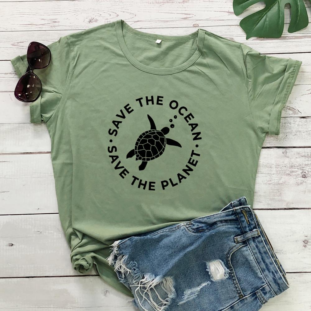 Изображение товара: Футболка с принтом в виде черепахи Save The океана Save The Planet стильная женская футболка с графическим принтом и эко-принтом летняя хлопковая Футболка с круглым вырезом и лозунг tumblr