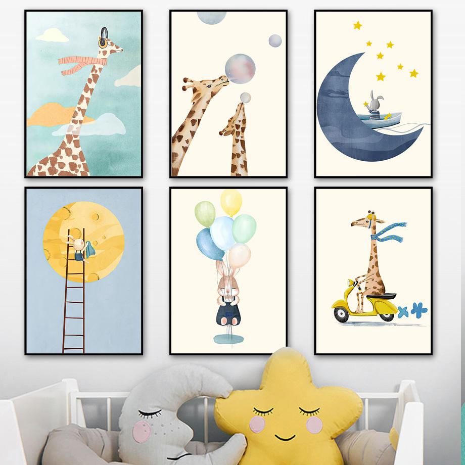 Изображение товара: Милый жираф кролик луна воздушный шар мотоцикл настенная живопись холст скандинавские плакаты и принты настенные картины для декора детской комнаты