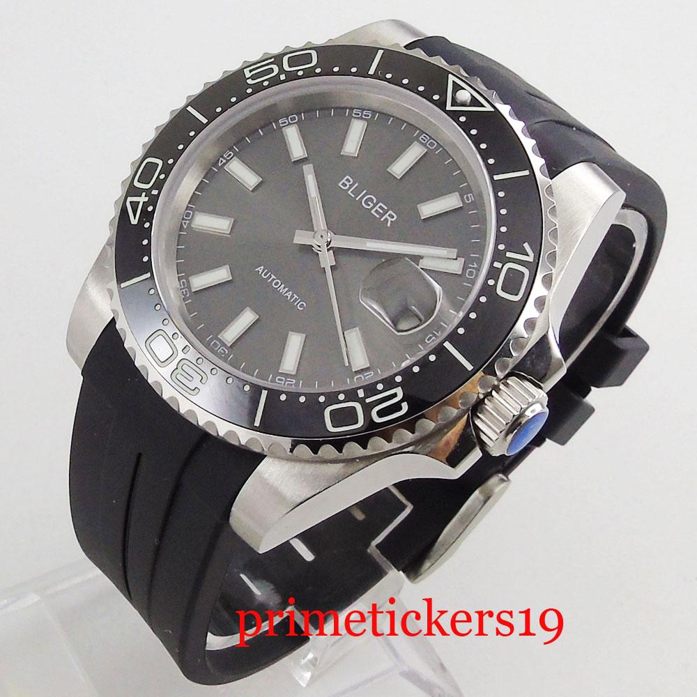 Изображение товара: Роскошные мужские часы 40 мм с серым циферблатом, стеклянный резиновый ремешок, светящийся черный керамический безель, автоматический механизм