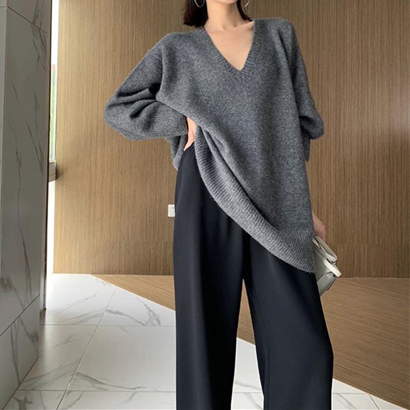 Изображение товара: Женский свободный свитер с V-образным вырезом, повседневный вязаный пуловер из 2020 кашемира и шерсти с длинным рукавом, зима 100%