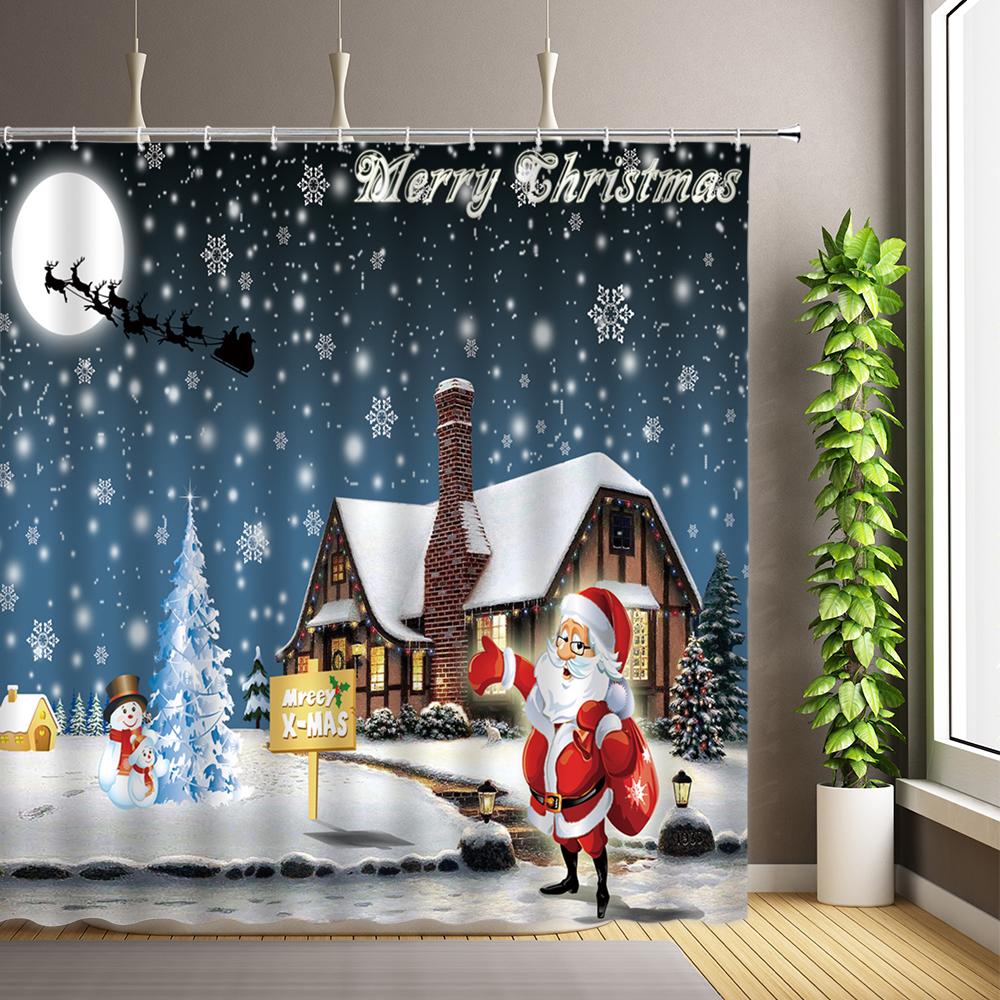Изображение товара: Счастливого Рождества занавески для душа домашний Декор Санта-Клаус Водонепроницаемая Ванная занавеска Снеговик снежинка украшение для Ванной Экраны