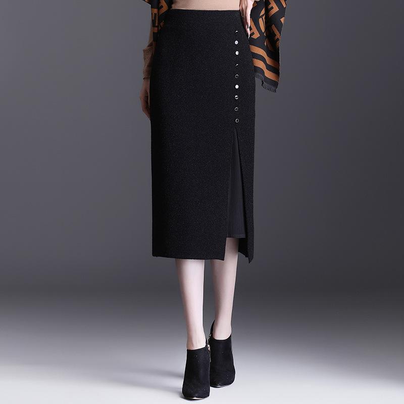 Изображение товара: Женская трикотажная облегающая юбка с высокой талией, осенне-зимняя плиссированная эластичная элегантная Офисная женская черная вязаная юбка средней длины