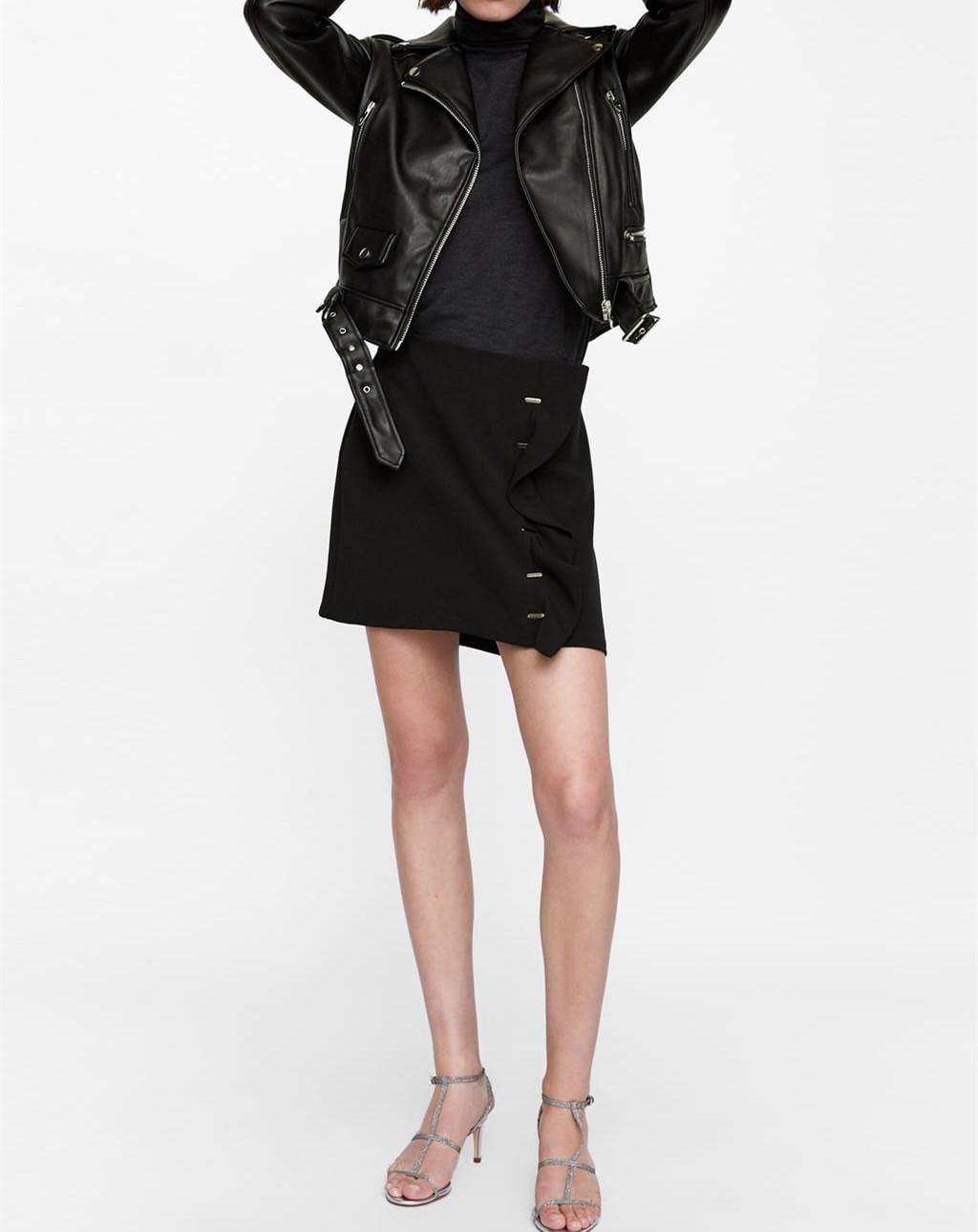 Изображение товара: KALENMOS Новая Осенняя Женская куртка из искусственной кожи, женская короткая куртка на молнии с поясом, женская черная куртка-бомбер в стиле панк, верхняя одежда из искусственной кожи