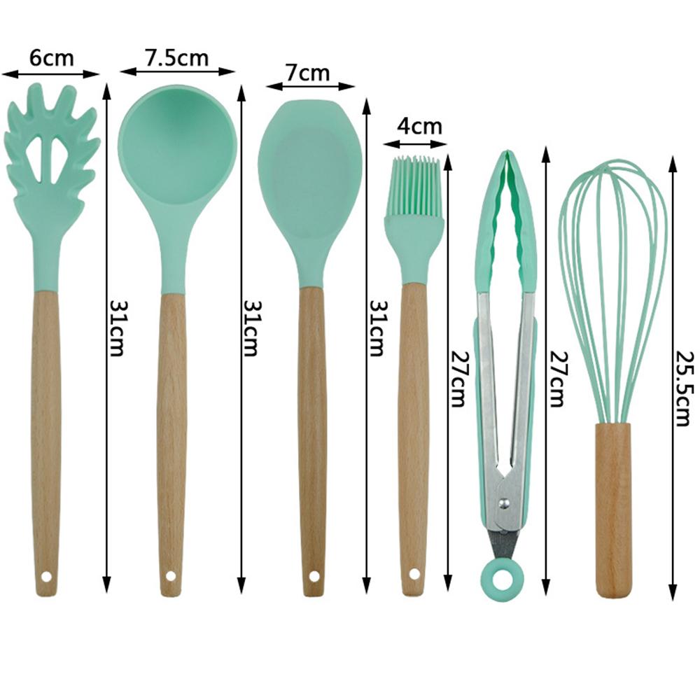 Изображение товара: Wooden Handle Silicone Kitchenware Set for Non-stick Pan Kitchen Tool Accessories Spatula Spoon Clip Whisk Brush Ladle