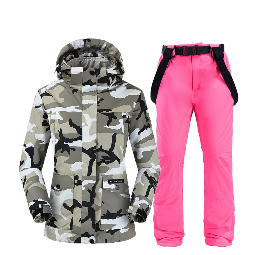 Изображение товара: Камуфляжные лыжные куртки и брюки, женский костюм, зимняя уличная одежда для сноуборда, очень теплая ветрозащитная Водонепроницаемая Толстая Съемная одежда