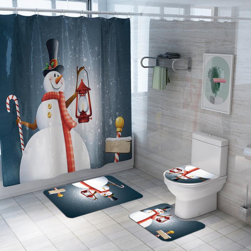 Изображение товара: Рождественский комплект для ванной комнаты с изображением снеговика Санта-Клауса лося, водонепроницаемая занавеска для душа, коврик для унитаза, нескользящий коврик, домашний декор