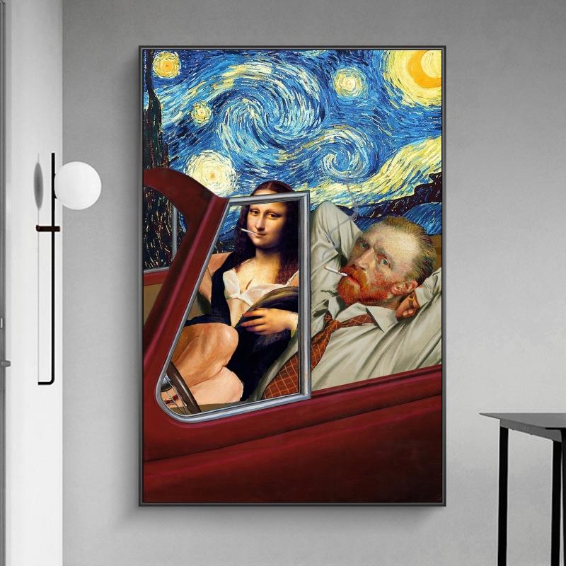 Изображение товара: Забавное Искусство Ван Гога и Мона Лиза постеры для вождения абстрактная картина маслом на холсте настенные картины Домашний декор для стен