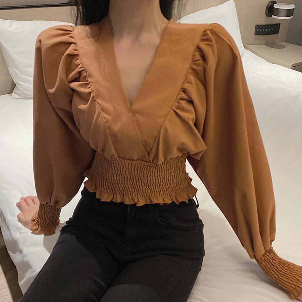 Изображение товара: Fashion Women Blouses Summer Solid Color V Neck Puff Sleeve Blouse Waist Tight Office Shirt Ladies Spring Top Loose Clothing