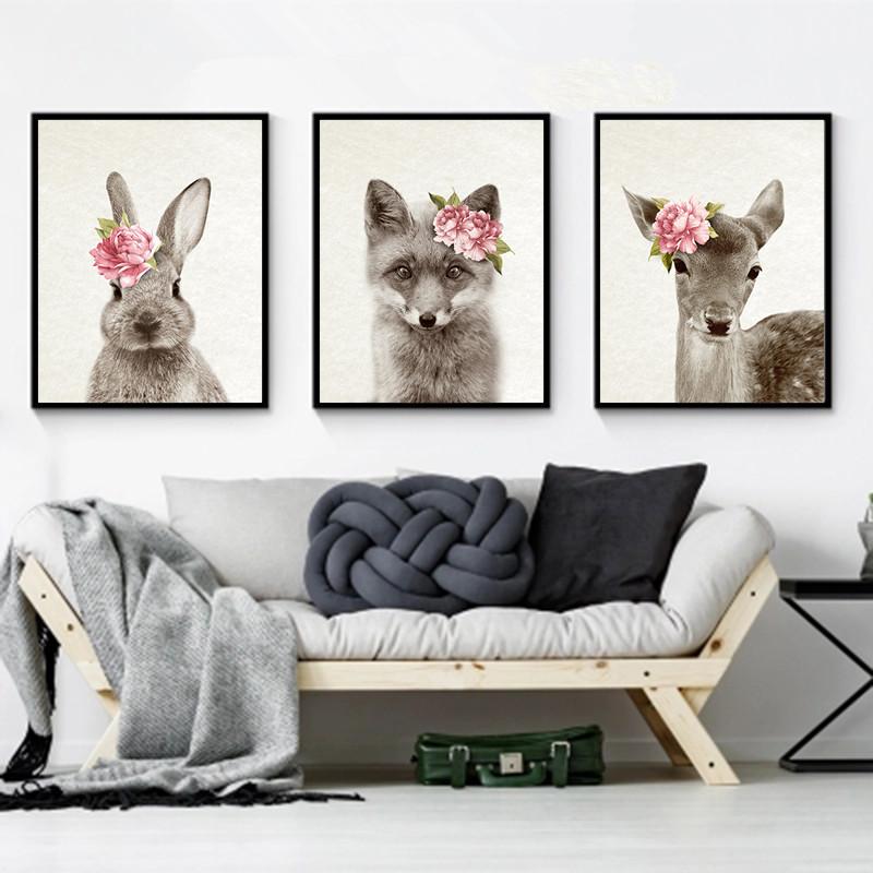 Изображение товара: Цветы с рисунком лисы, с оленем, кролик настенные картины лесных животных холст плакат для детской печать минималистский картина для детской комнаты, Декор