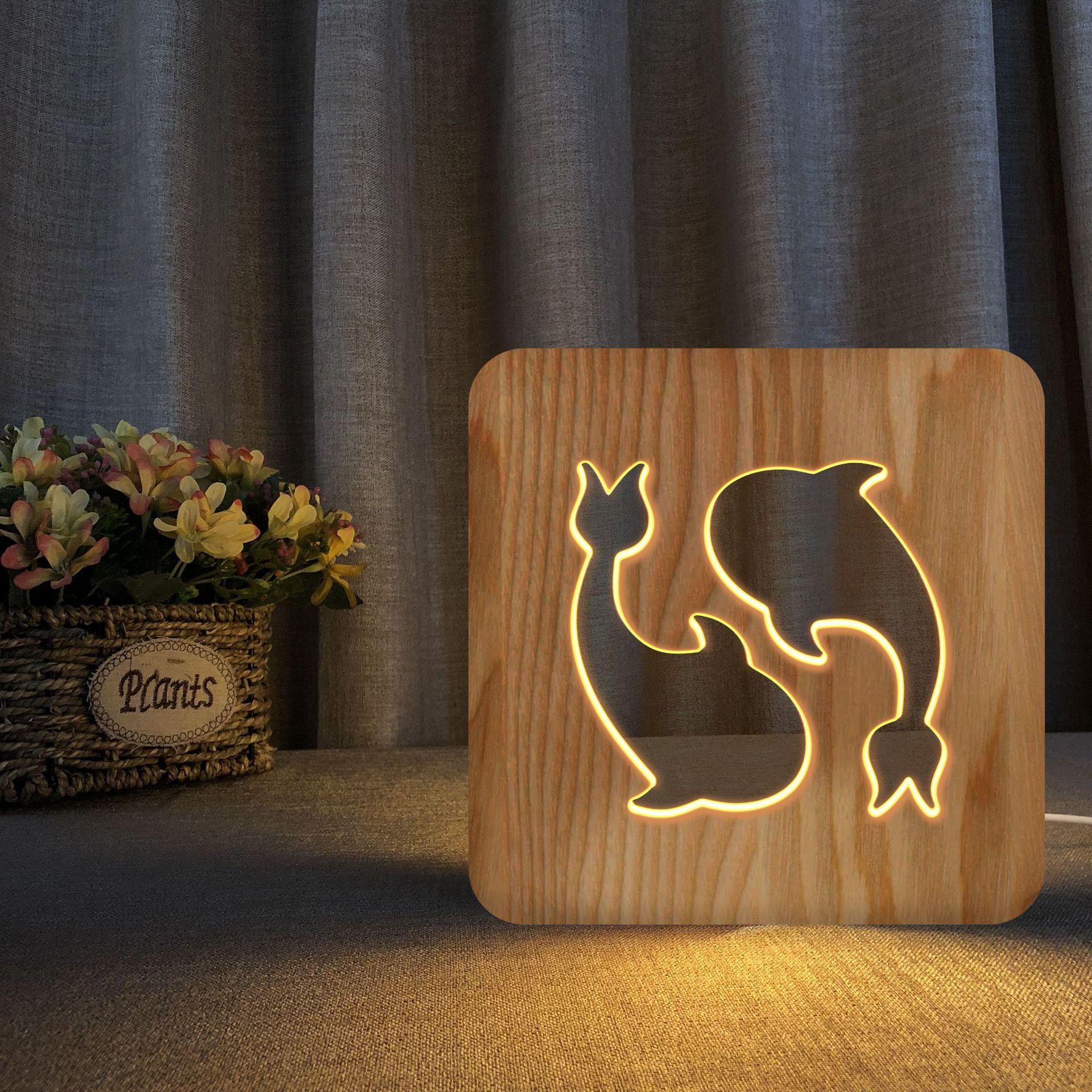 Изображение товара: 3D светодиодный ночсветильник в форме рыбы, деревянные поделки, креативная настольная лампа в форме животного, деревянная Ажурная резьба, лампа
