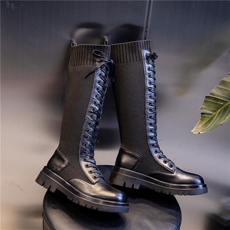 Изображение товара: Женские кожаные сапоги выше колена, высокие эластичные сапоги на платформе в британском стиле, повседневная обувь, Новинка осени-зимы 2021