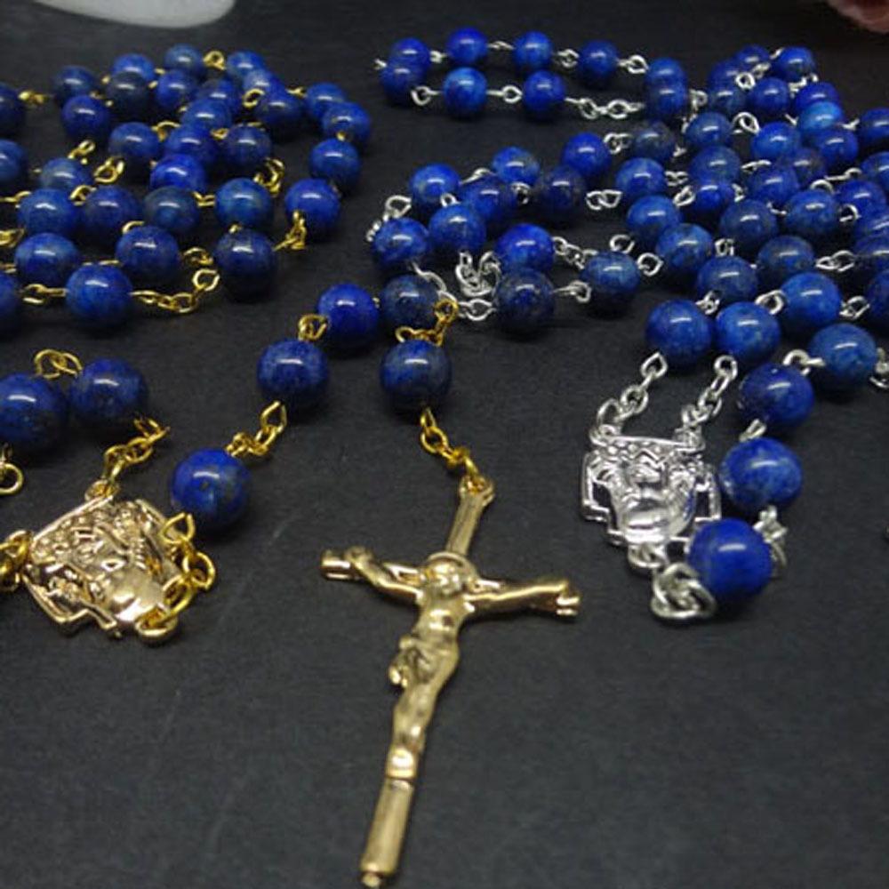Изображение товара: Натуральный камень, лазурит, крест, католический Розарий, ожерелье, религиозные украшения