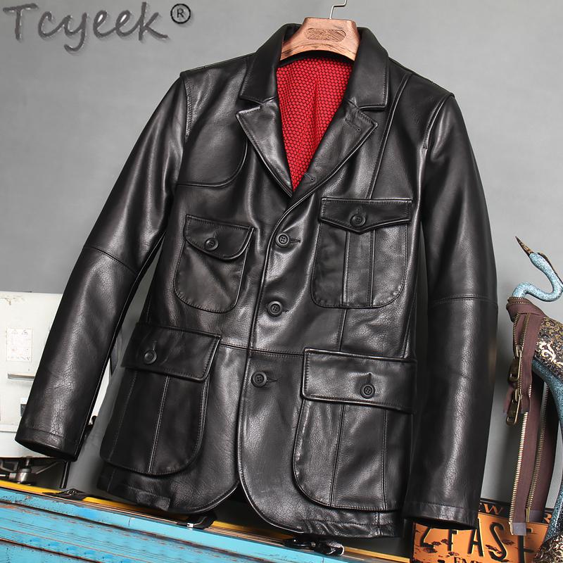 Изображение товара: Мужская кожаная куртка Tcyeek, повседневная куртка из 100% натуральной коровьей кожи, уличная одежда, 2020