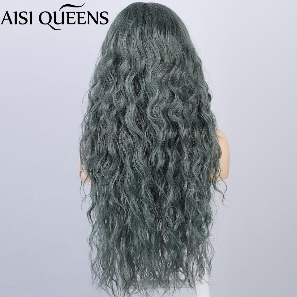 Изображение товара: AISI QUEENS Long Lace Front Wave Wigs Lake Green Synthetic Wigs for Women Natural Hand Make Middle Part High Temperature Fiber
