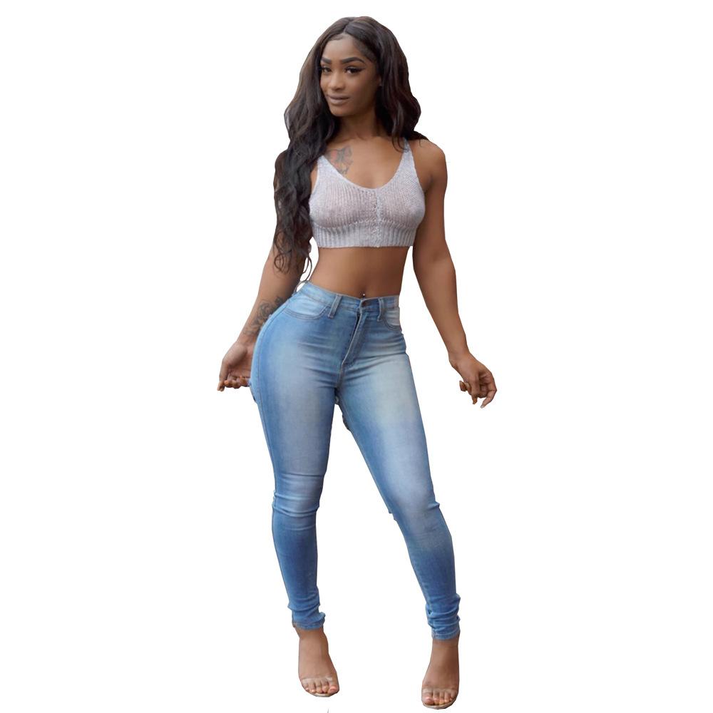 Изображение товара: Женские рваные джинсы высокого качества, облегающие однотонные брюки-карандаш с завышенной талией и украшением из дыр, новые рваные брюки на осень 2020