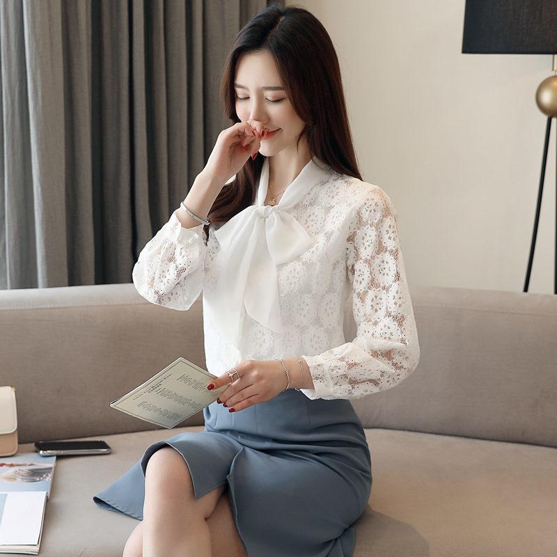 Изображение товара: Женская кружевная блузка с длинным рукавом, элегантная белая ажурная блузка с цветочным узором, повседневный топ для офиса, осень 11702