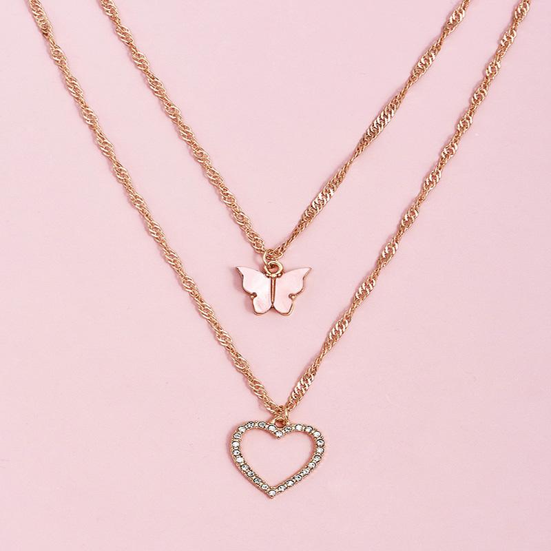 Изображение товара: Двухслойный кулон ALYXUY с розовыми бабочками и сердцами, цепочка с подвеской, чокер, милое ожерелье до ключиц, ювелирные изделия, подарок для женщин и девушек
