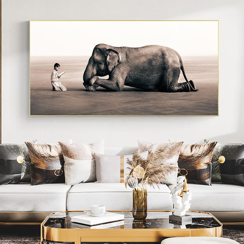 Изображение товара: Картины для чтения мальчиком перед плакат с дизайном «слон» на холсте Черно-белые настенные художественные принты для декора гостиной без рамы