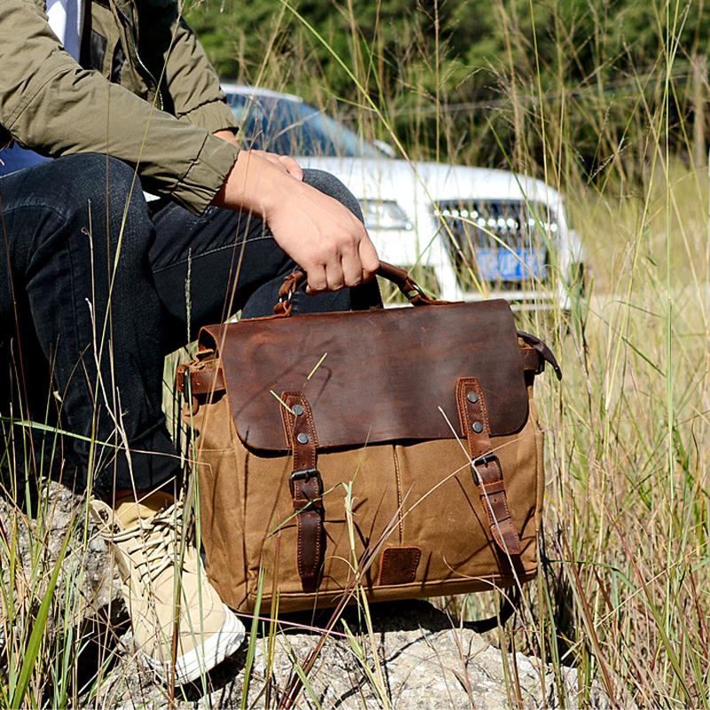 Изображение товара: Деловой портфель, мужская сумка, сумка-мессенджер, вощеная холщовая винтажная сумка, сумка для ноутбука, сумка через плечо