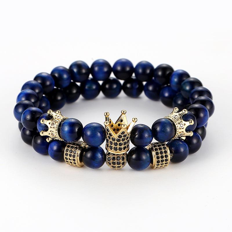 Изображение товара: 2019 микро вставка Корона шар украшение 2/набор для мужчин и женщин модный браслет подарок высокого класса темно-синий тигровый глаз бусина, жесткий браслет