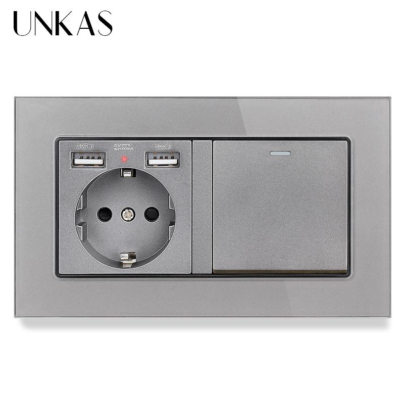 Изображение товара: Настенная розетка UNKAS с двумя USB-портами, европейский стандарт, выключатель из закаленного стекла с панелью, 1 2 3 4 клавиши, 1/2 канала, ВКЛ./ВЫКЛ светильник