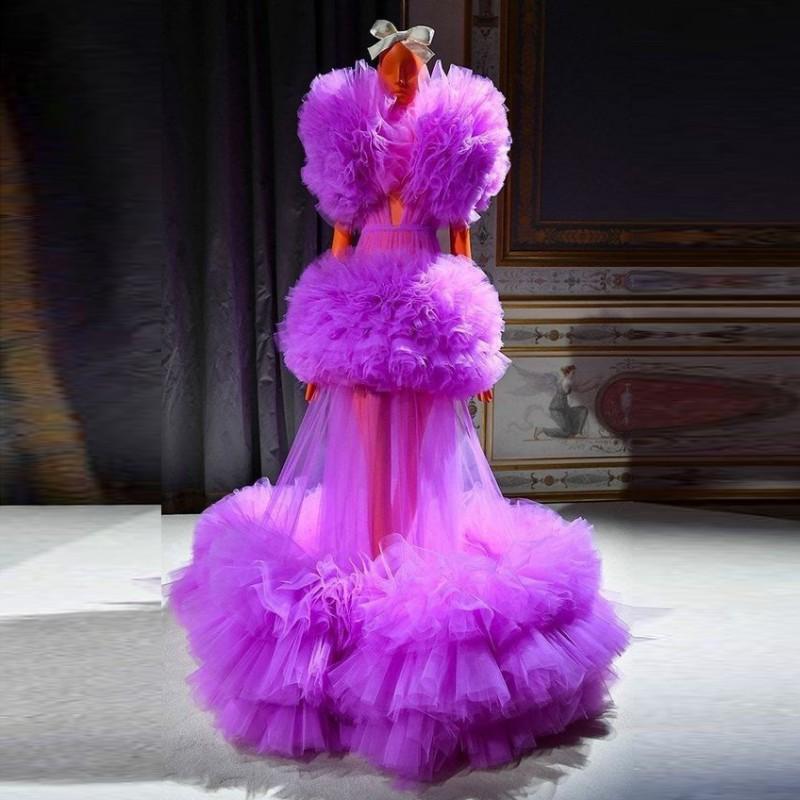 Изображение товара: Фиолетовые тюлевые прозрачные платья с рюшами для выпускного вечера, сексуальные вечерние платья с глубоким V-образным вырезом, пышными рукавами и оборками, официальная одежда для девочек для фотосессии