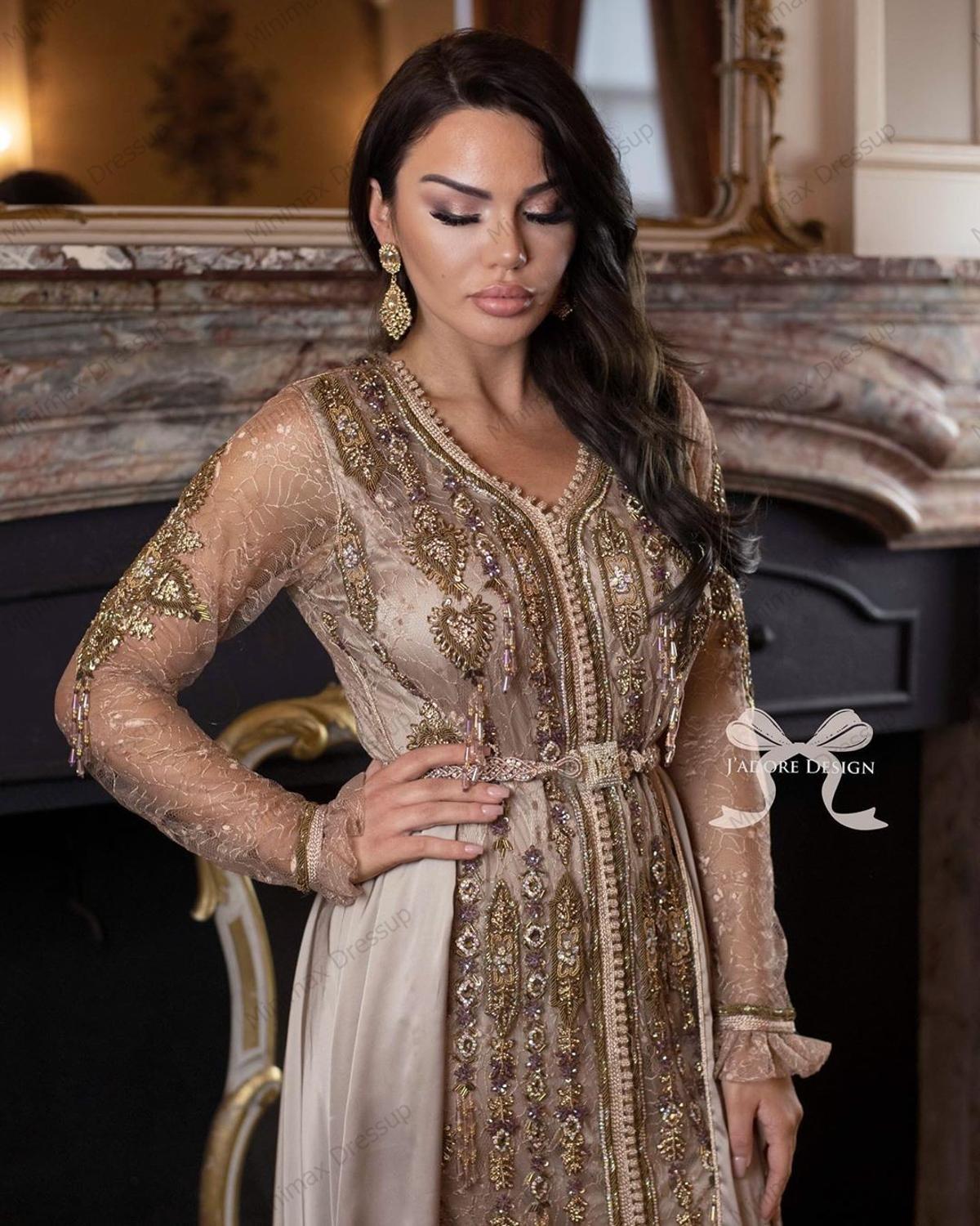 Изображение товара: Женское арабское вечернее платье, цвет хаки, дубический, с бисером, Кристаллами, марокканский кафтан, мусульманское, для особых случаев