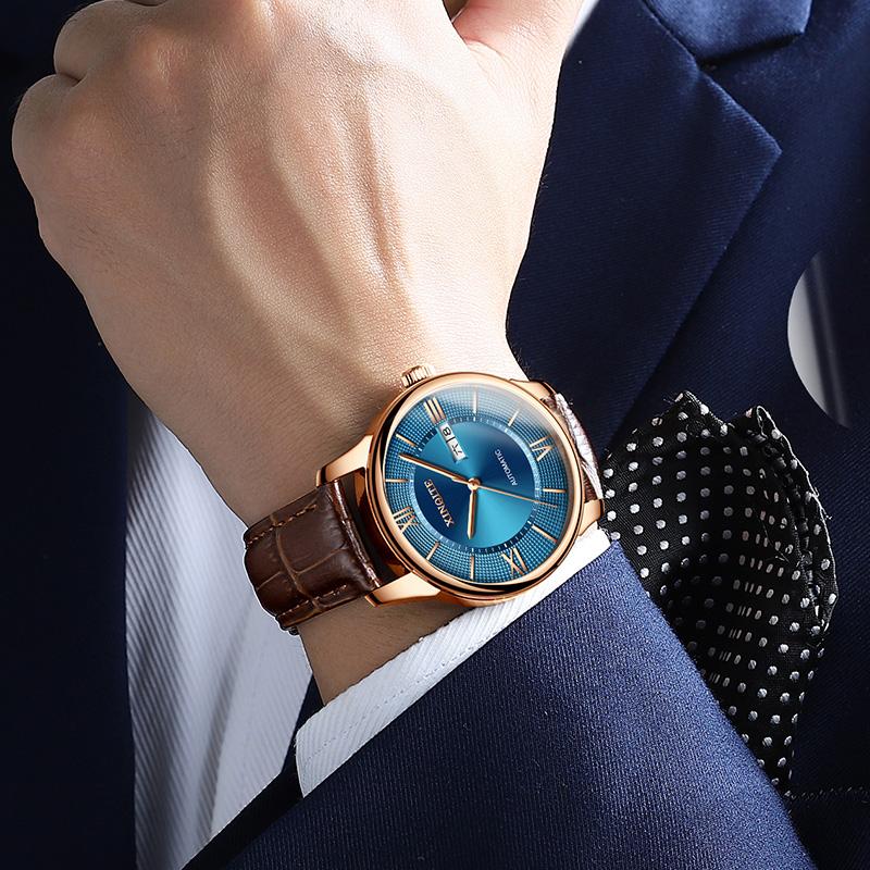 Изображение товара: Новые мужские часы XINQITE, 2019 брендовые роскошные механические часы с кожаным ремешком, водонепроницаемые автоматические часы, механические часы