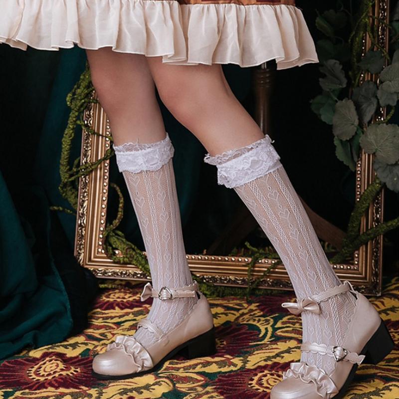 Изображение товара: Милые кружевные Гольфы с сердечками, длинные носки, женские Лолита, прозрачные чулки, колготки для девочек, эластичные носки