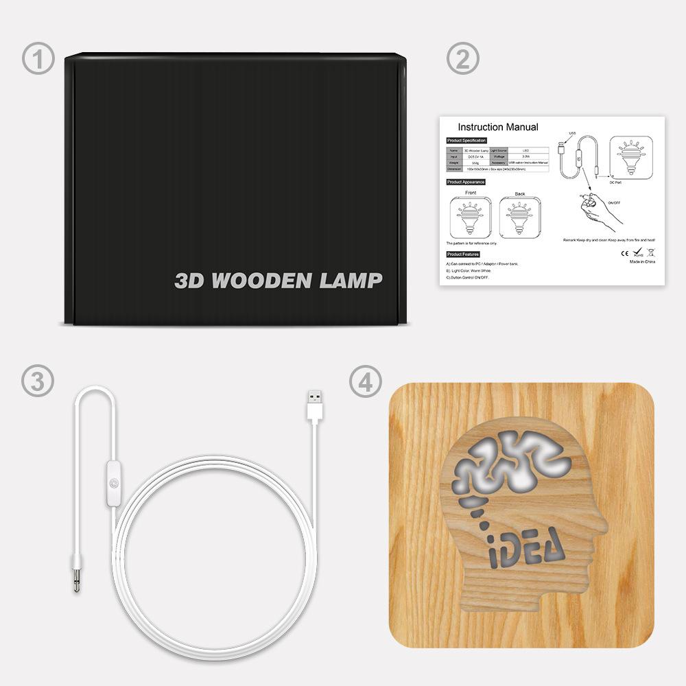 Изображение товара: Новинка, светодиодная деревянная лампа Brain Shpe 3d, Usb, настольная лампа для резьбы по дереву, креативный подарок для детей, украшение для дома, освещение
