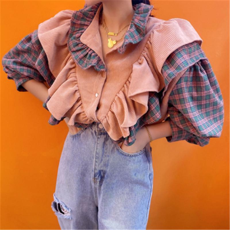 Изображение товара: Женская рубашка с рюшами, розовая, в стиле пэчворк, осенняя, повседневная, с длинным рукавом, в Корейском стиле