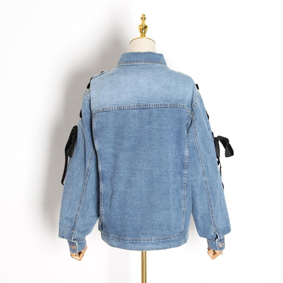 Изображение товара: Женская джинсовая куртка, однобортная куртка-Авиатор на шнуровке, уличная одежда, осень 2020