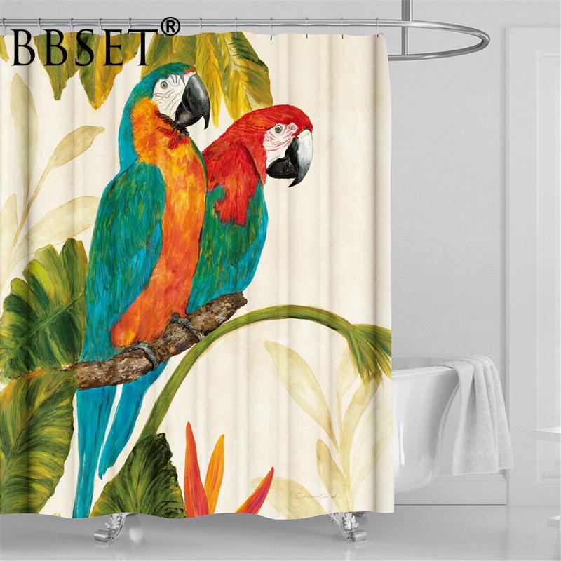Изображение товара: Занавеска для душа с изображением птиц, два попугая, прикрепленные на ветке, водонепроницаемая, многоразмерная, для ванной комнаты, с 12 крючками
