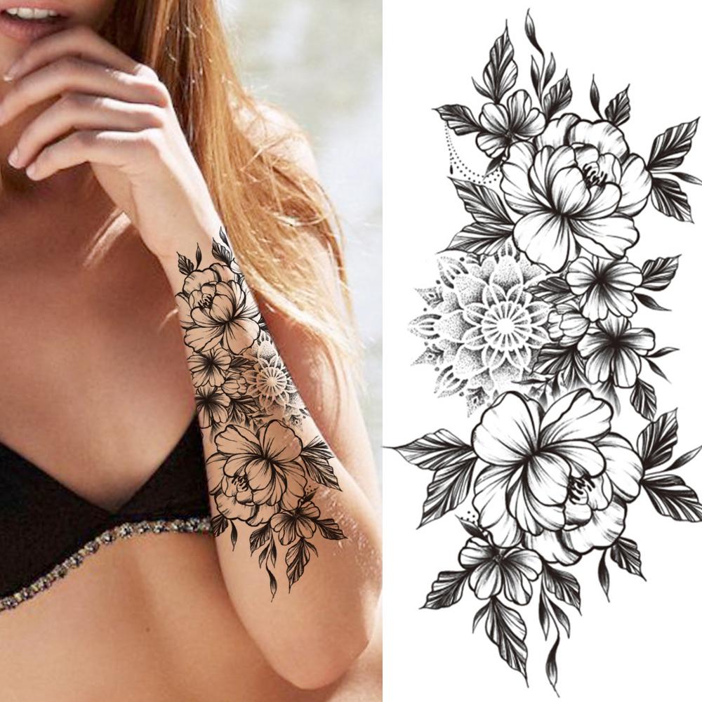 Изображение товара: 3D Large Fower Fake Tattoo Stickers For Women Lady Butterfly Moon Gun Temporary Tattoos Forearm Black Tattos Paper