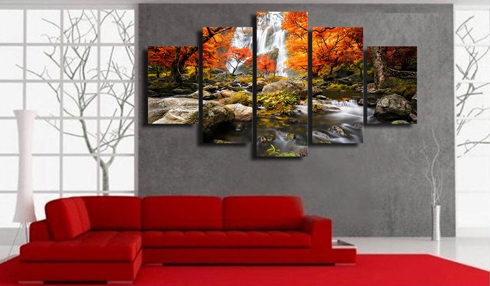 Изображение товара: 5 панелей Холст Искусство осень природа озеро лес водопад пейзаж холст домашний декор холст живопись рамки плакат
