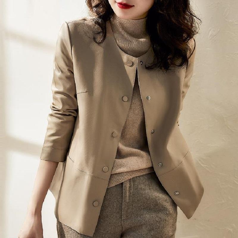 Изображение товара: Женская кожаная куртка с круглым вырезом, приталенная куртка из искусственной кожи, в винтажном стиле, весна-осень 2020
